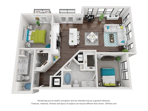Floor plan for 2 beds, 2 baths, 1263 sqft